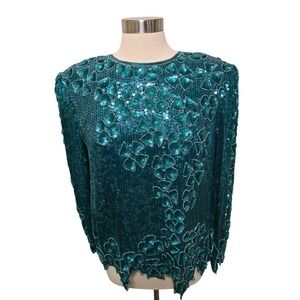 Womens 90s Vintage Silk Sequin Blouse Floral Sequins Size Large Green Laurence K